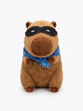 Plush Capybara Toy with Blue Bandana and Black Mask